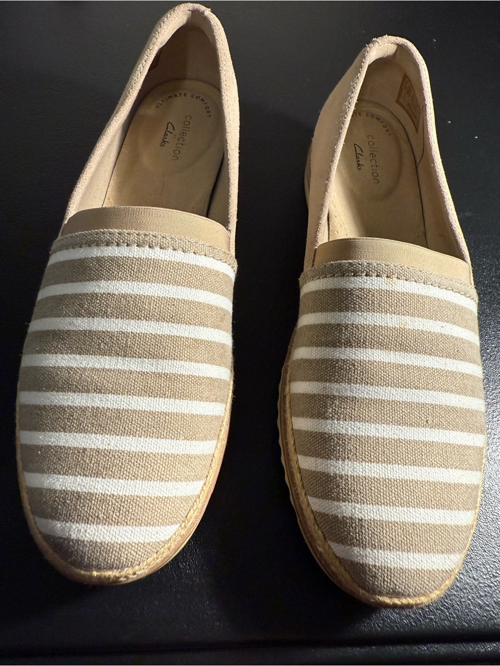 Clarks Beige and White Striped Slip-On Espadrilles